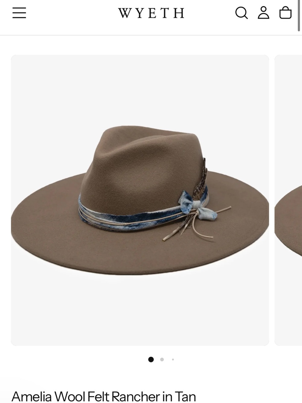Wyeth Amelia Wool Felt Rancher Hat in Tan with Blue Velvet Band - O/S